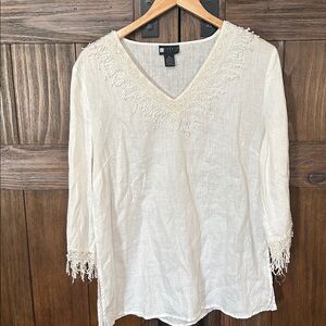 Carole Little Ivory Embroidered V-Neck Blouse